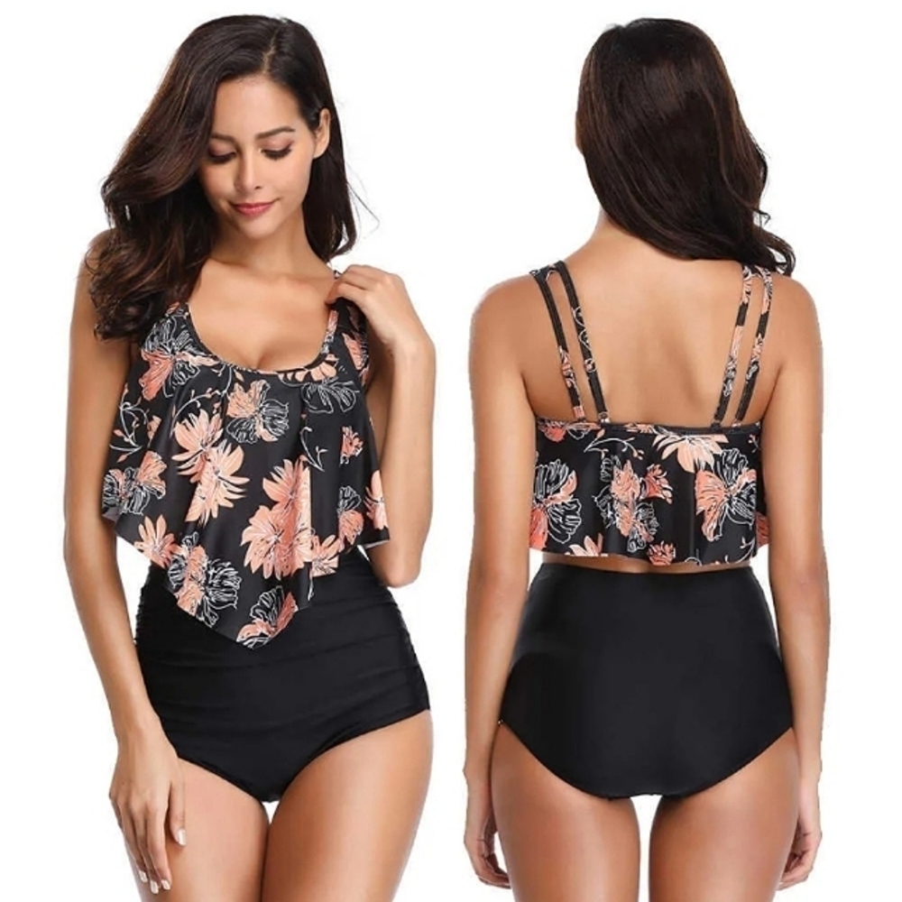 NWT Swimsuit Bathing Suit Ruffled Racerback High Waisted Tankini, 3XL